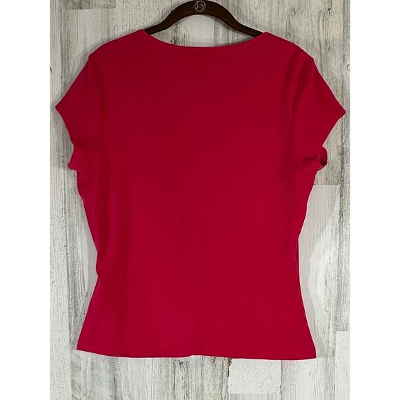 Express Womens Faux Wrap Top‎ Sz Small Magenta Pink Floral Embroidery Cap Sleeve - Picture 2 of 8